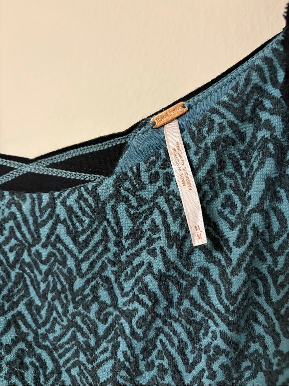 Teal Patterned Fit-and-Flare Dress with Black Accent